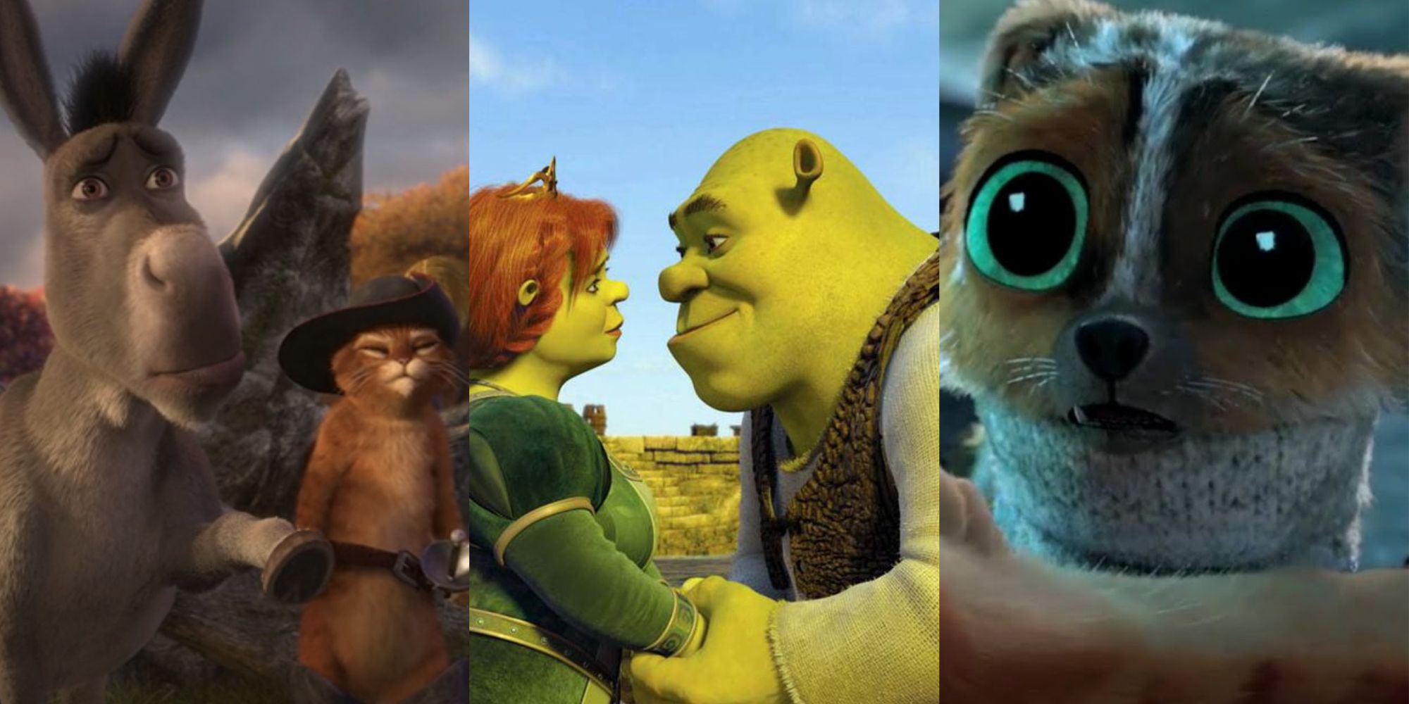 Split image of Donkey raising hoof while Puss looks sad, Shrek and Fiona holding hands and looking at each other, and Perrito looking worried