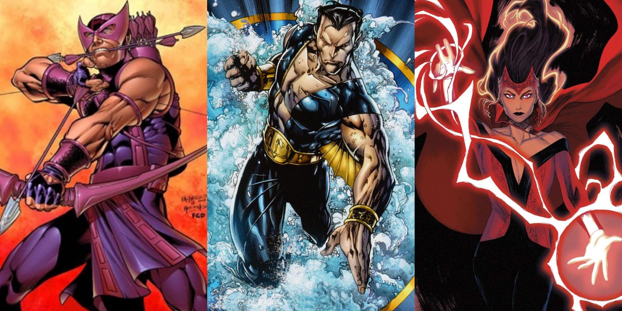 Left to right: Hawkeye, Namor, and Scarlet Witch