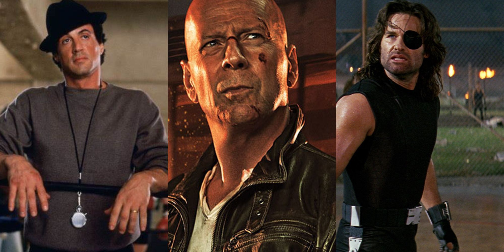 Split image Rocky Balboa, John McClane, Snake Plissken