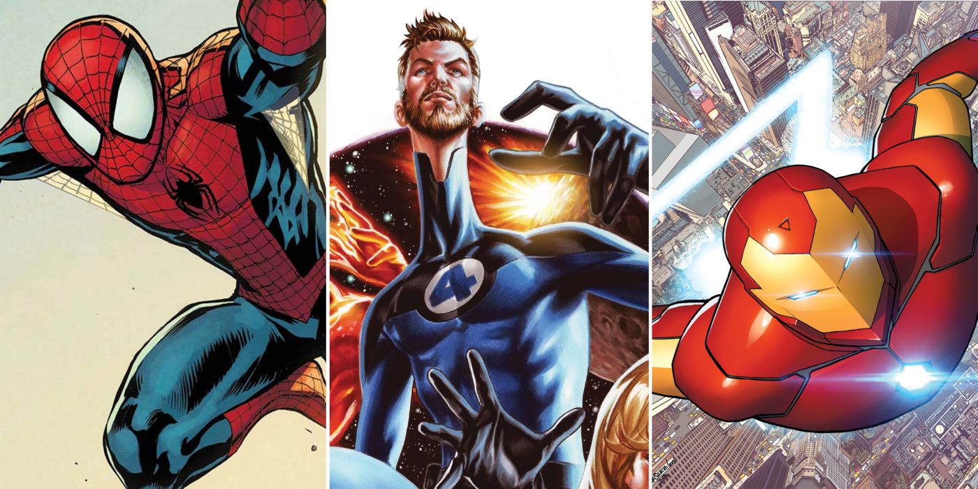 A split image of Spider-Man, Mr. Fantastic, and Iron Man from Marvel Comics