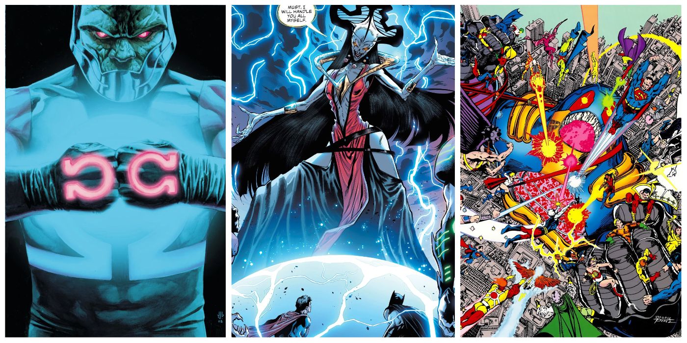 A split image of Darkseid, Perpetua, and the Anti-Monitor battling the heroes from DC Comics