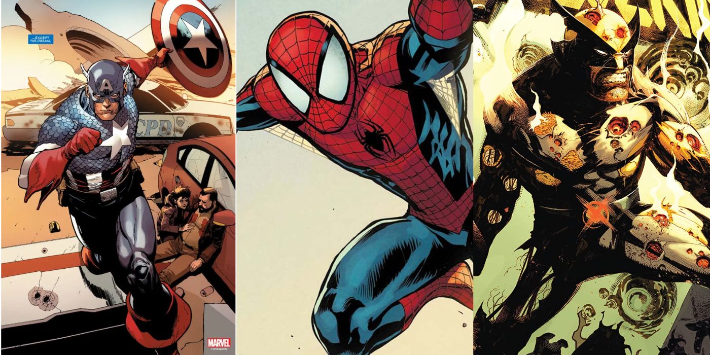 split image of Captain America, Spider-Man and Wolverine from Marvel Comics