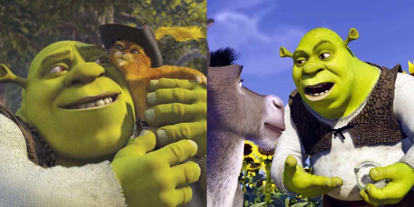 Shrek and Puss in Botts hugging, and Shrek and Donkey fighting