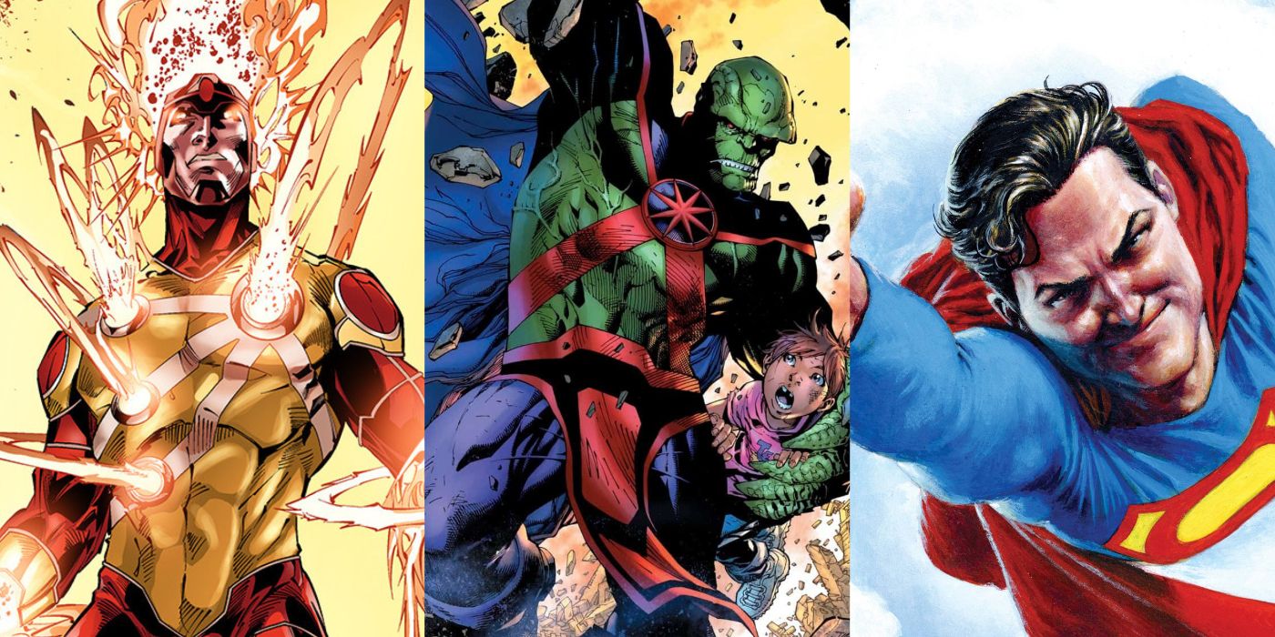 A split image of Firestorm, Martian Manhunter, and Superman from DC Comics
