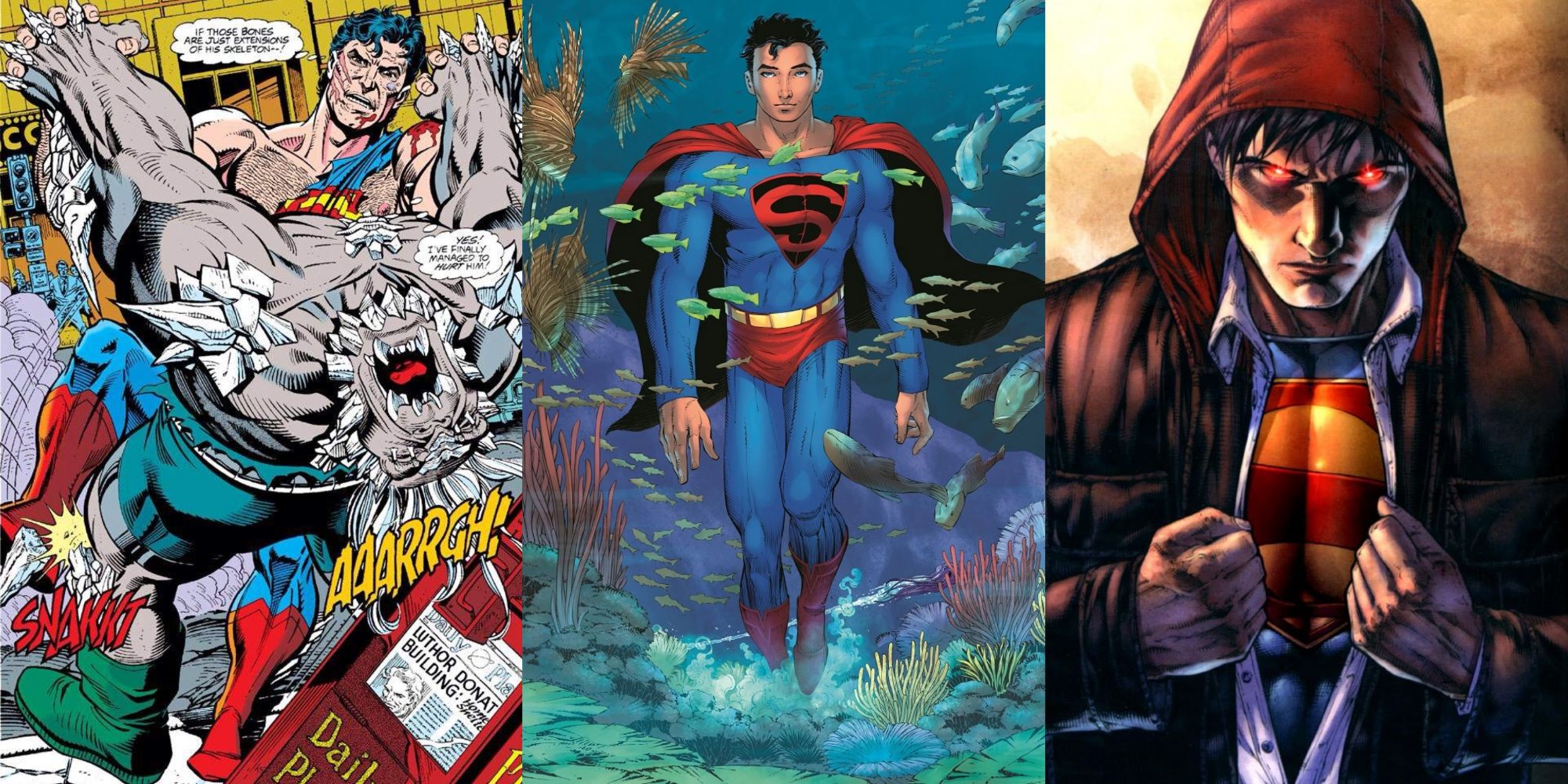 Split image Superman fights Doomsday, Superman underwater, Superman opens shirt