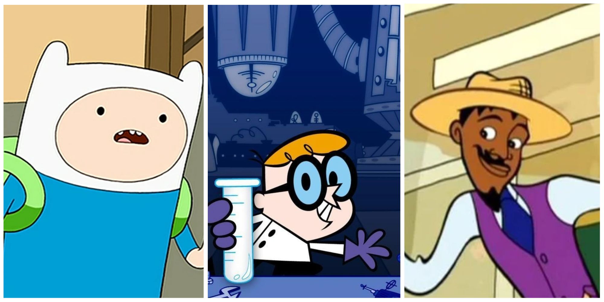 A split image featuring Finn the Human, Dexter, and Sunny Bridges