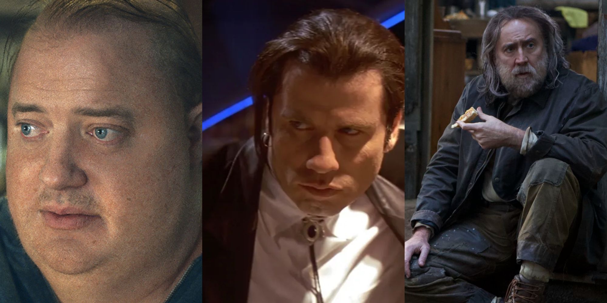 Split image Brendan Fraser in the Whale, John Travolta in Pulp Fiction, Nicolas Cage in Pig