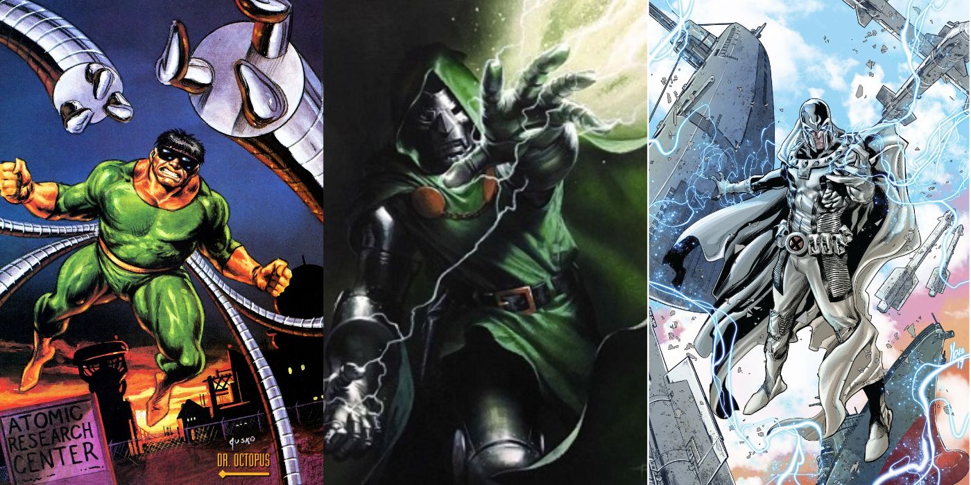A split image of Doctor Octopus, Doctor Doom, and Magneto from Marvel Comics