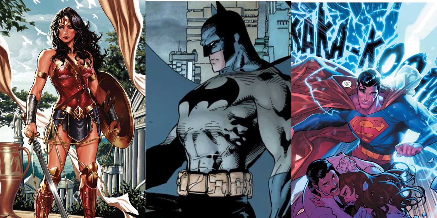 A split image of Wonder Woman, Batman, and Superman from DC Comics
