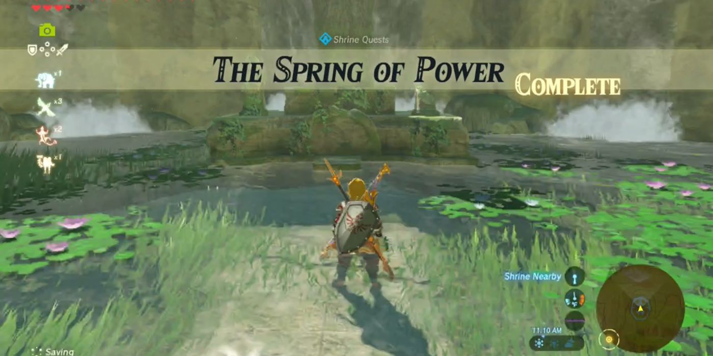 A tela de conclusão de Spring Of Power com Link aparece à distância em Breath Of The Wild.