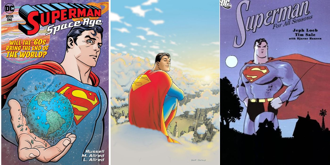 A split image of covers for Superman: Space Age, All-Star Superman, and Superman For All Seasons