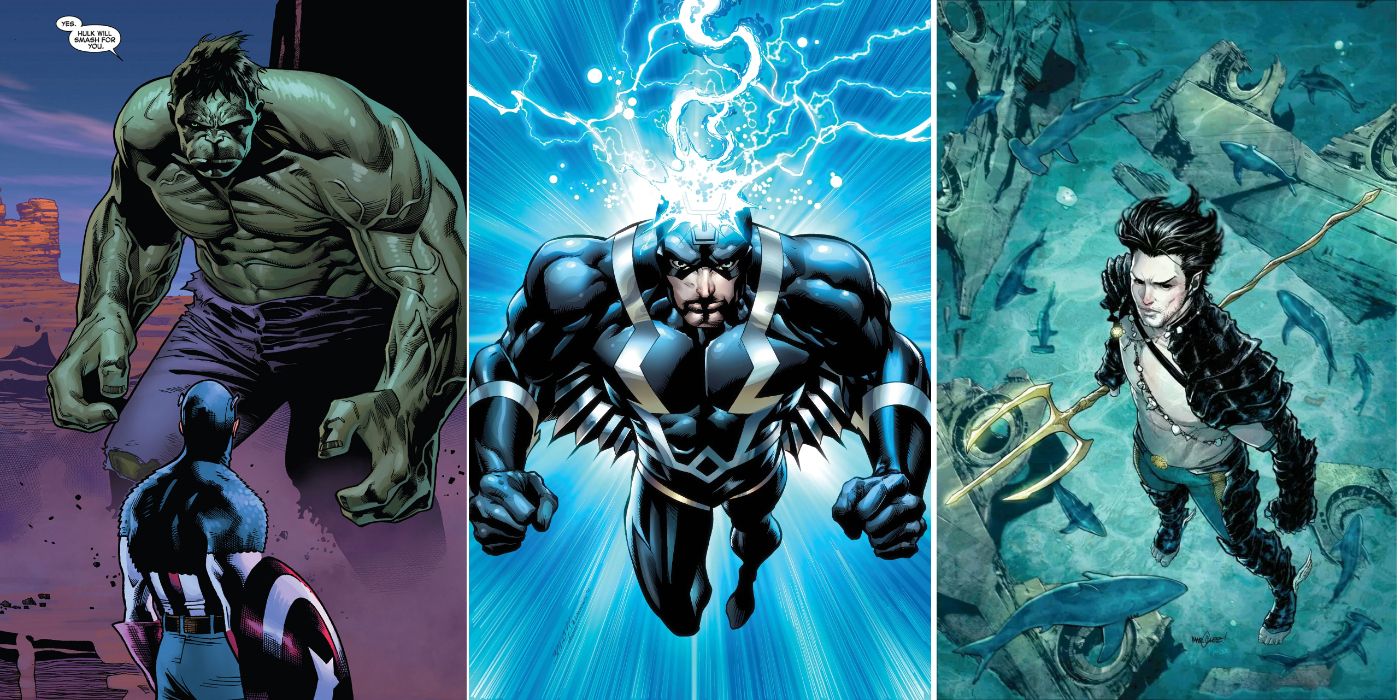 A split image of Hulk, Black Bolt, and Namor from Marvel Comics