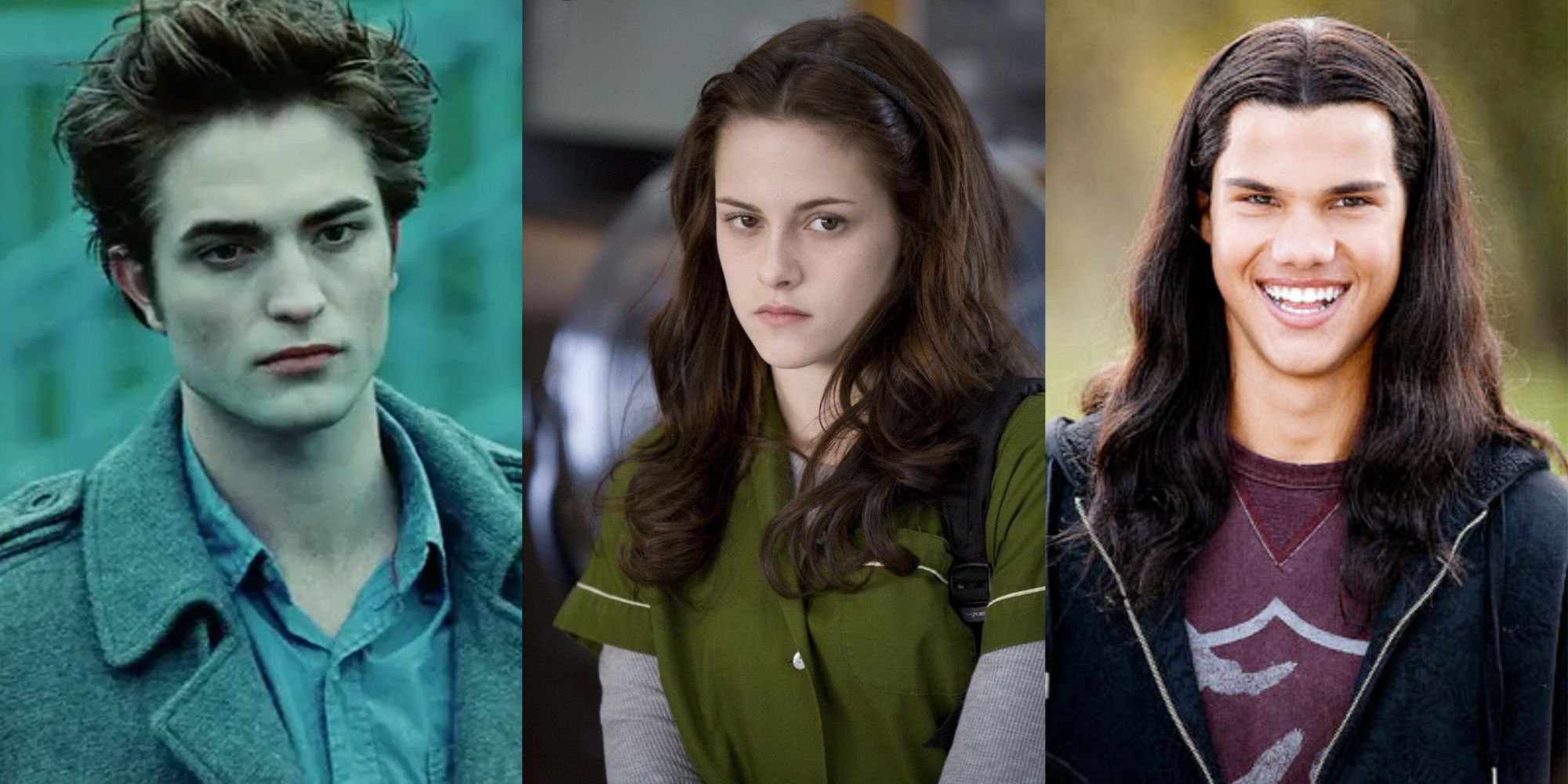 Edward looks serious, Bella in green shirt looks shy, and Jacob with long hair smiles in Twilight.