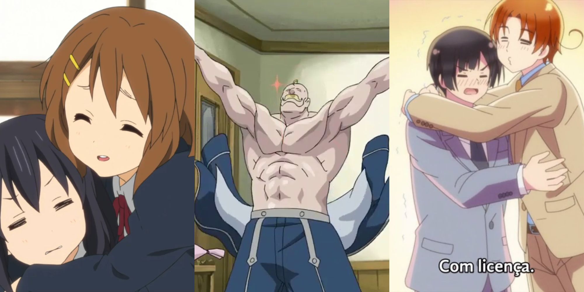 Yui is hugging Azusa, Armstrong has taken his shirt off to hug Ed, Italy is hugging Japan