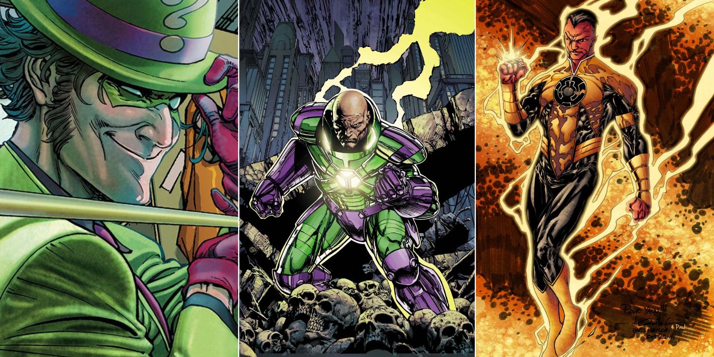 A split image of the Riddler winking, Lex Luthor in battle armor, and Sinestro as a Yellow Lantern from DC Comics