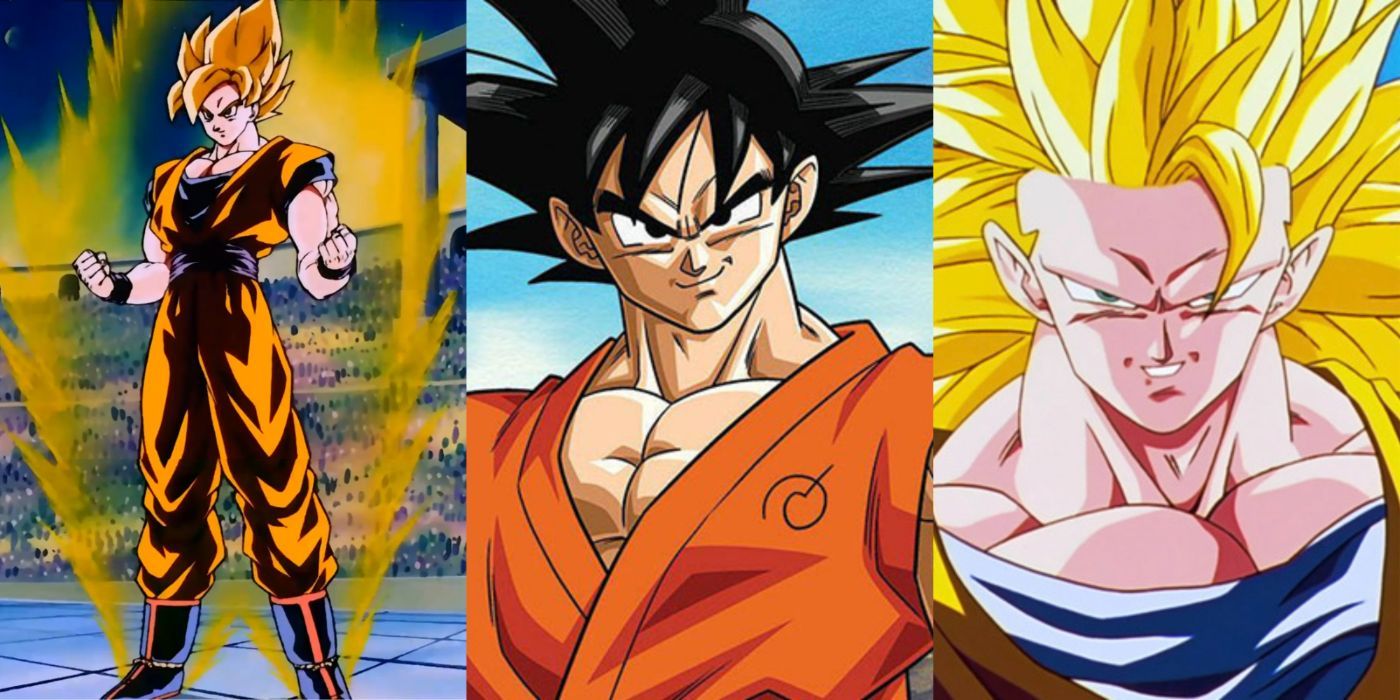 A split image of Super Saiyan Goku, Goku, and Super Saiyan 3 Goku from Dragon Ball Z