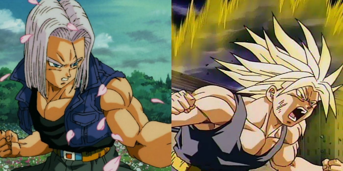 A split image of Future Trunks with long hair in Dragon Ball Z: Bojack Unbound.
