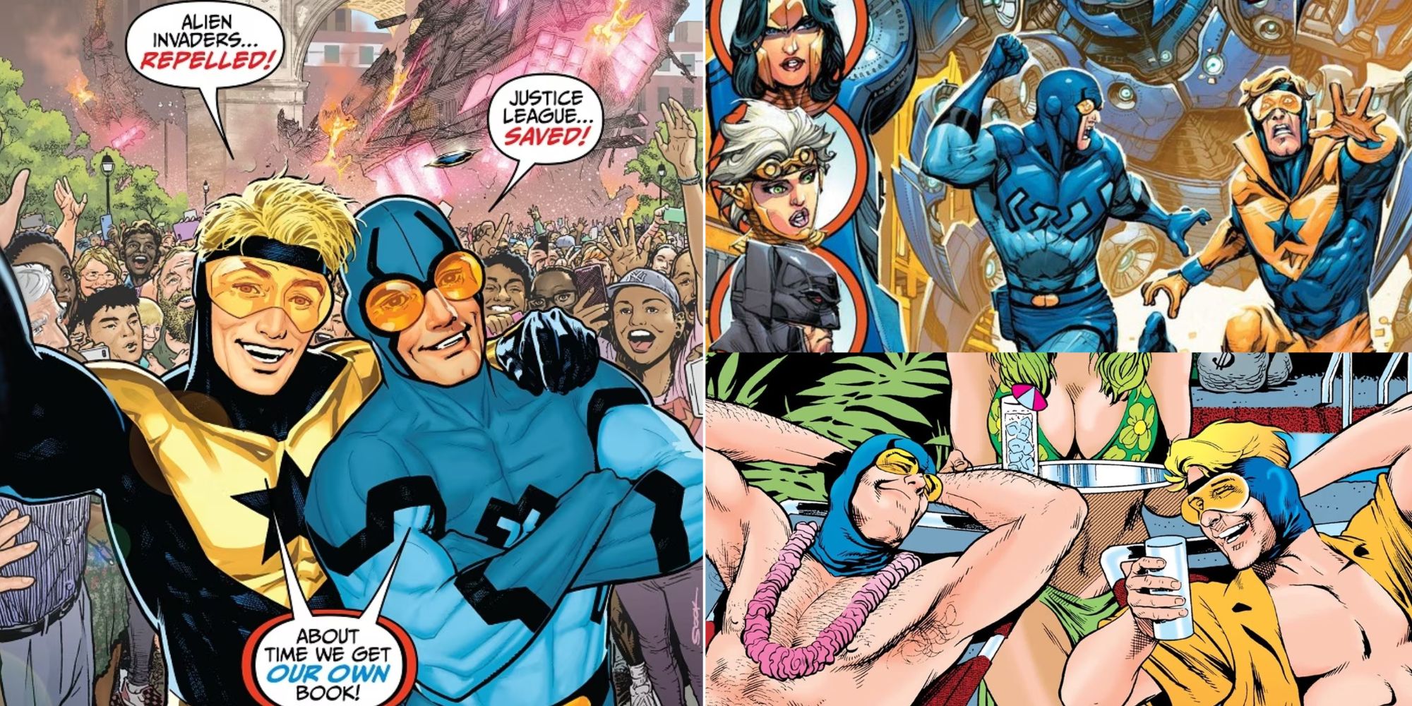 Booster Gold and Blue Beetle on the cover of Blue and Gold #1, Blue Beetle and Booster Gold running from a giant robot, and Blue Beetle and Booster Gold relaxing at their resort casino