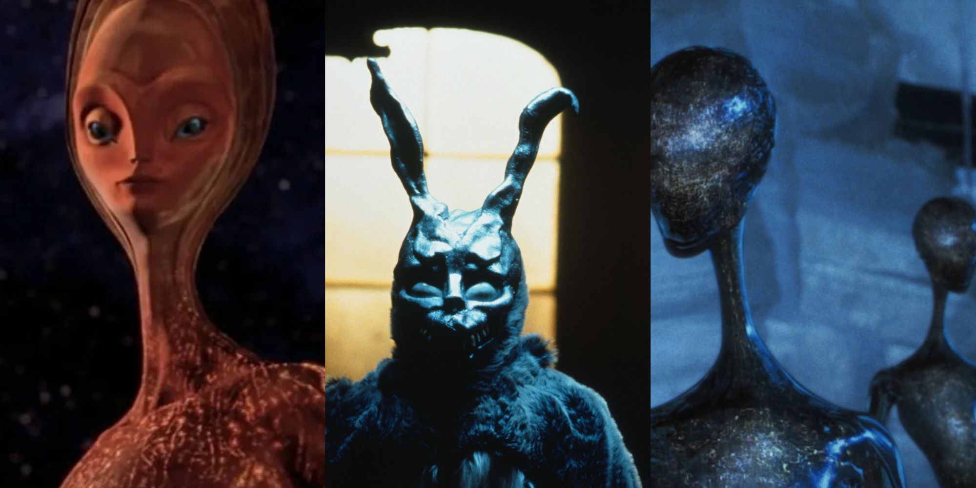 Split image alien from Mission to Mars, rabbit from Donnie Darko, aliens in AI