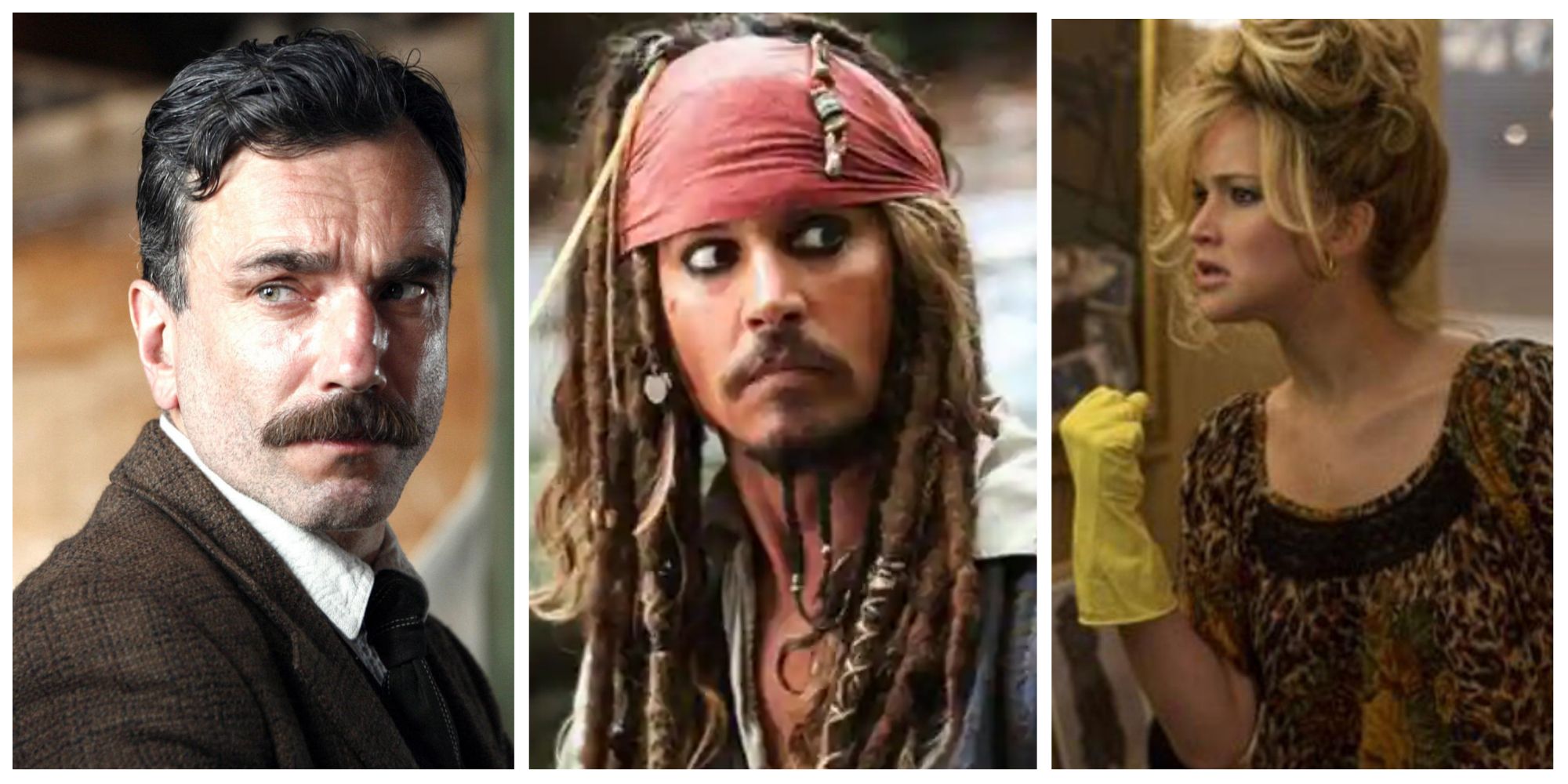 Collage of daniel day lewis, johnny depp, and jennifer lawrence