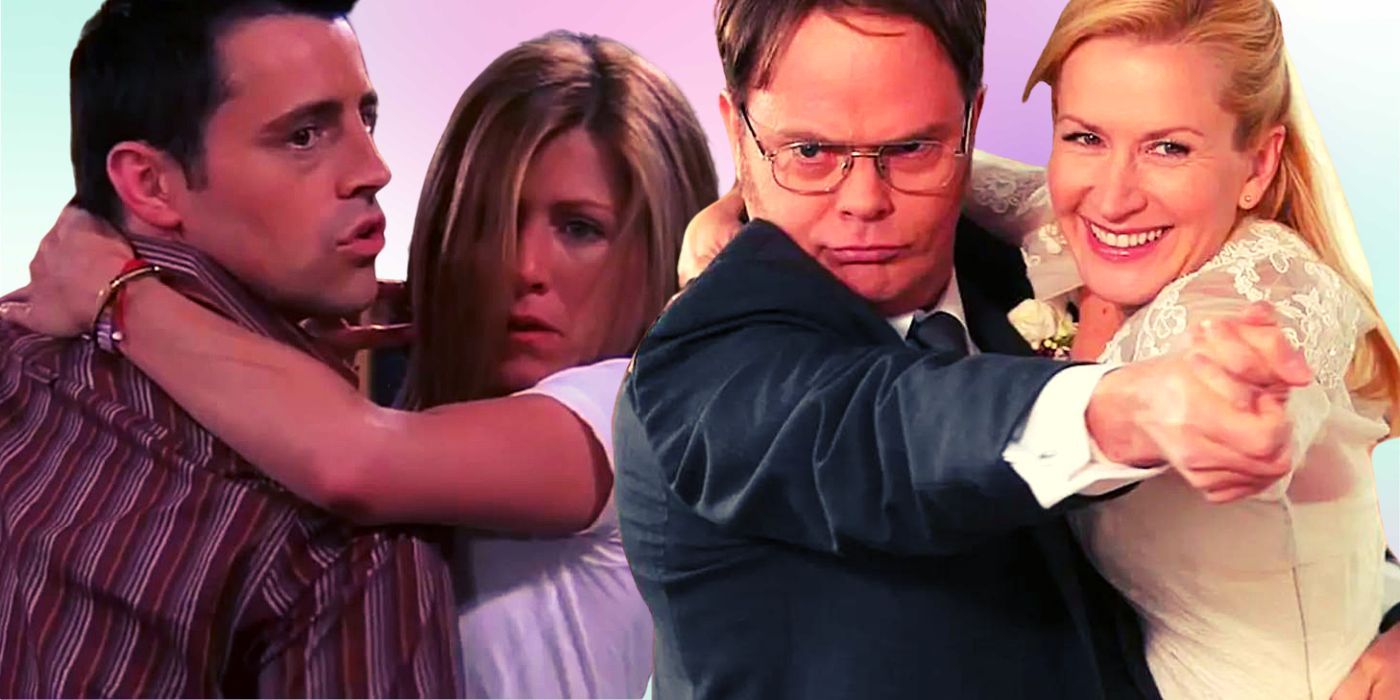 Collage of Joey and Rachel in Friends and Angela and Dwight in The Office