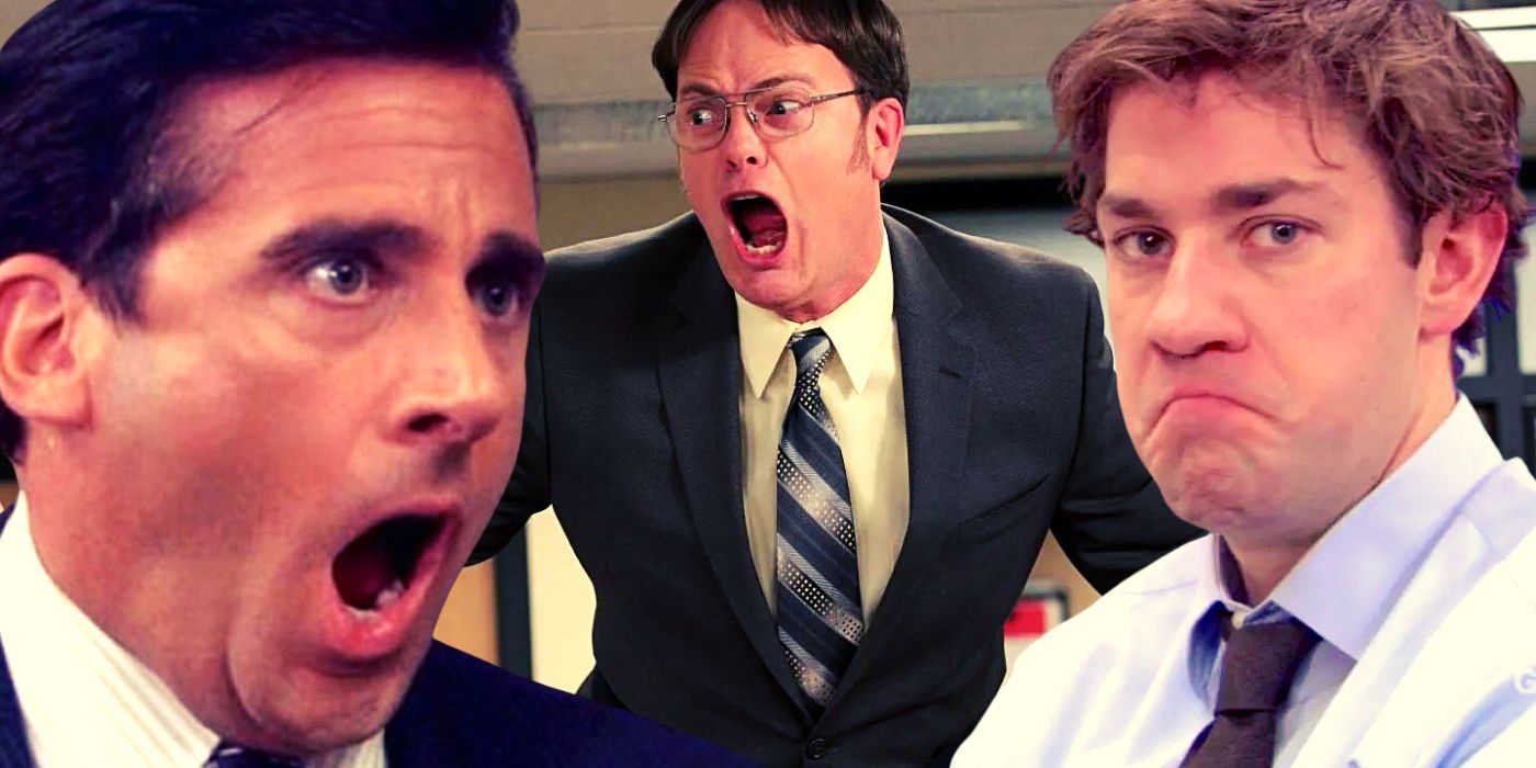 Collage of Michael and Dwight screaming, and Jim looking disappointed in The Office