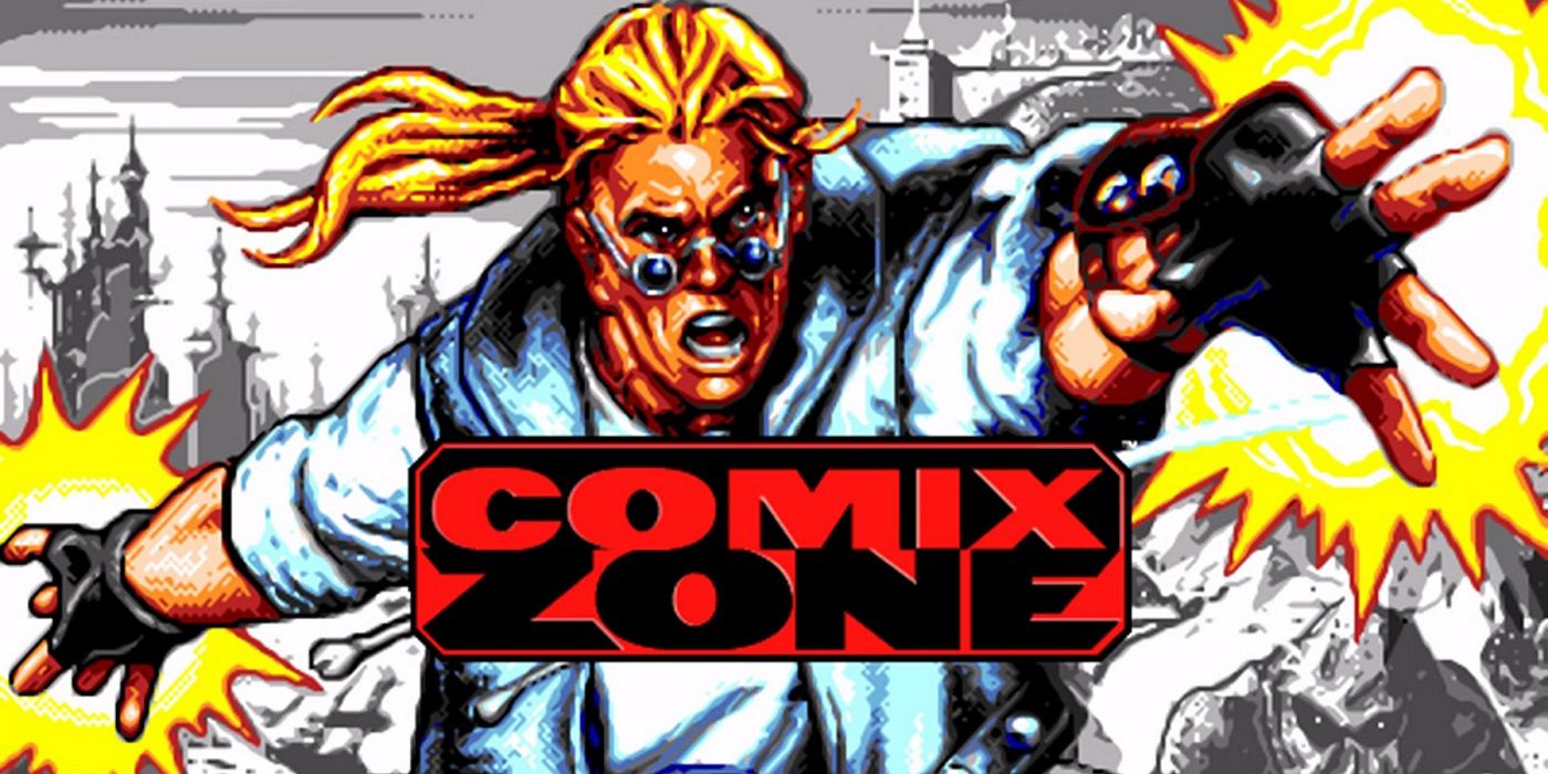 Title of Comix Zone SEGA Genesis on top of a character with yellow bursts around his hands.
