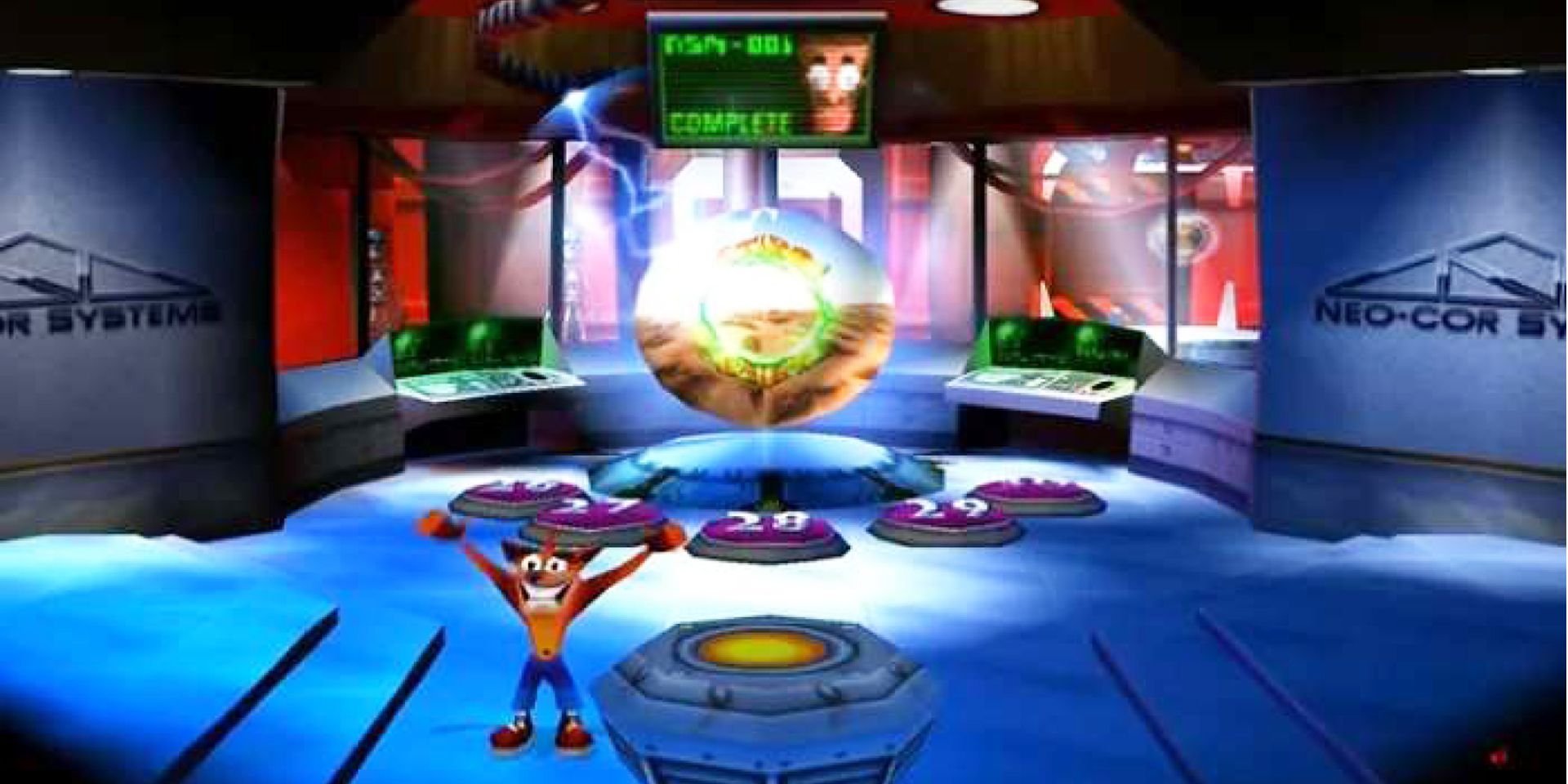 Crash emerges in the area where Cortex's henchmen are constructed in Crash Bandicoot: Warped Secret Warp Room.