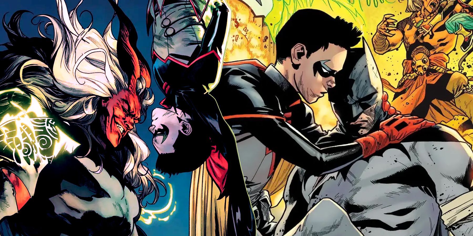 Damian Wayne facing off against a possessed Batman and cradling Batman's body