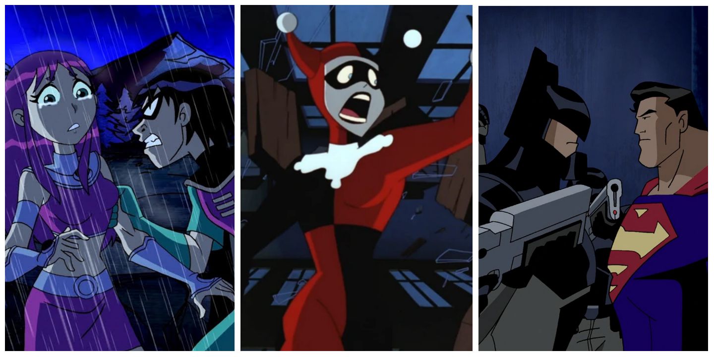 A split image of Robin and Starfire in Teen Titans, Harley Quinn in Batman: The Animated Series, and Savage Time Batman and Superman in Justice League