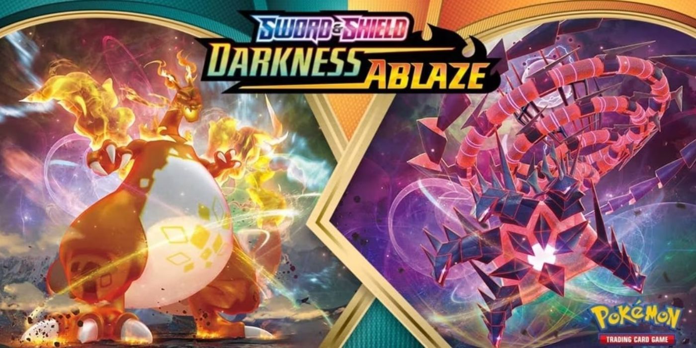 Banner Darkness Ablaze para Pokémon TCG apresentando Charizard e Eternatus.