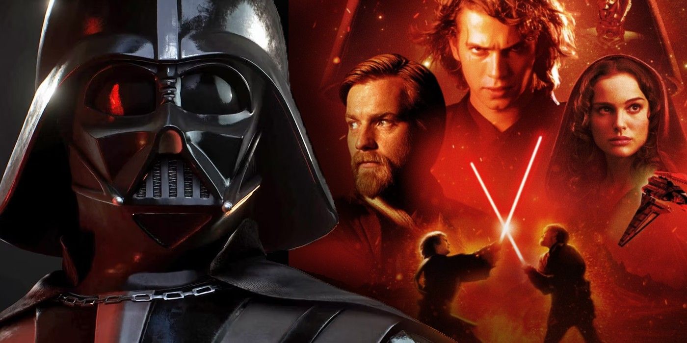 Darth Vader in front of a Revenge of the Sith poster