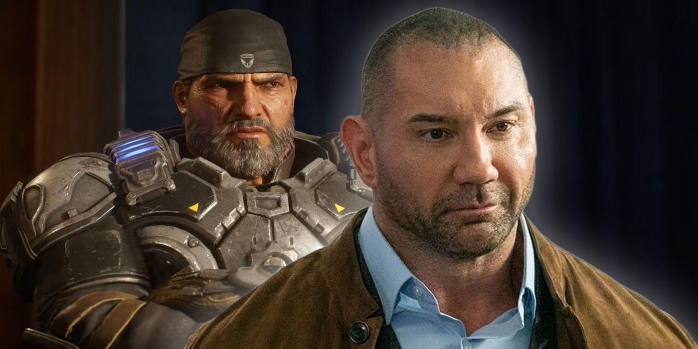 Dave Bautista in front of Marcus Fenix from the Gears of War games.