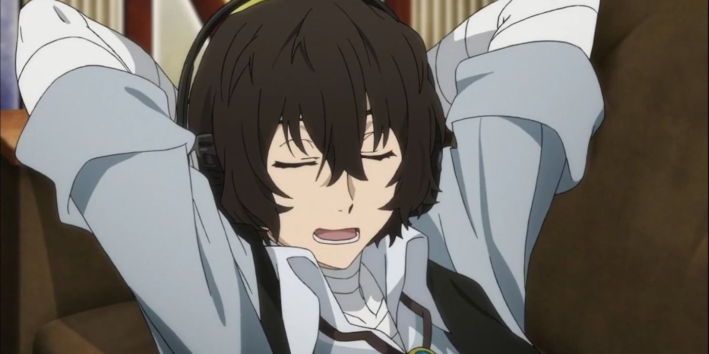 Dazai relaxing with arms back and eyes closed in Bungou Stray Dogs.