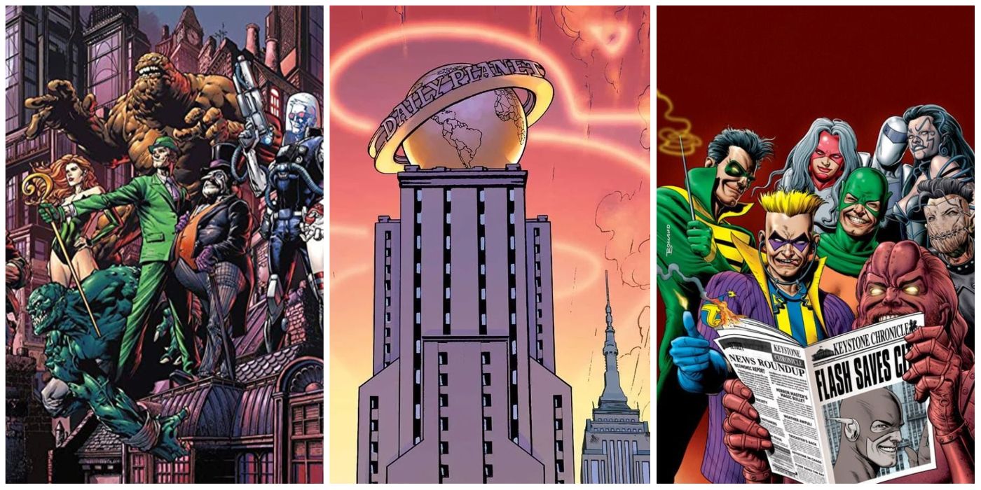 A split image of Gotham City Villains, Metropolis Skyline, Keystone City Rogues from DC Comics
