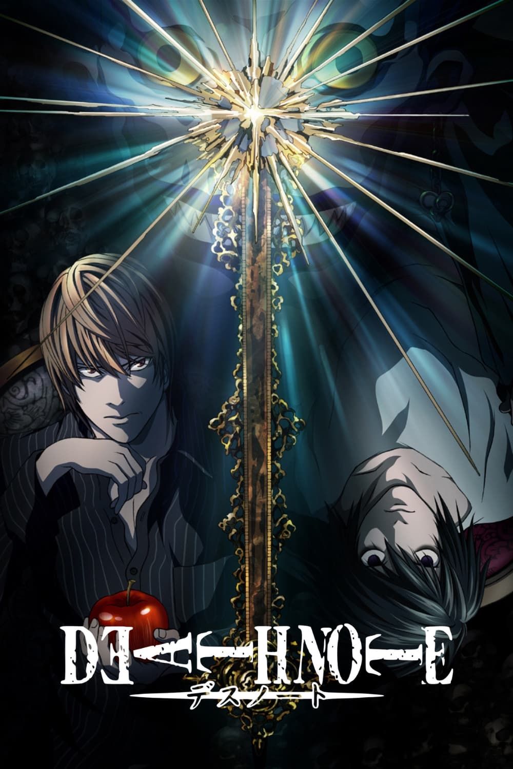 Light Yagami, L e Ryuk posando em pôster de anime Death Note