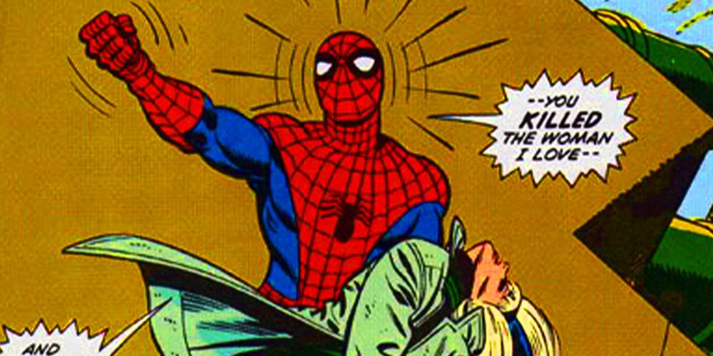 Image of Spider-Man holding the body of Gwen Stacy in his arms. 