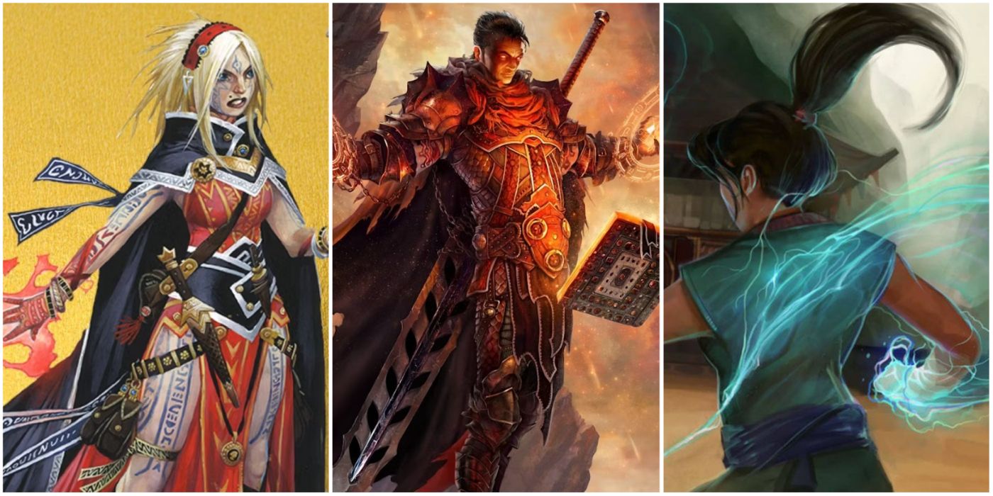 A split image showing three sorcerers in D&D 5e and Pathfinder Second Edition