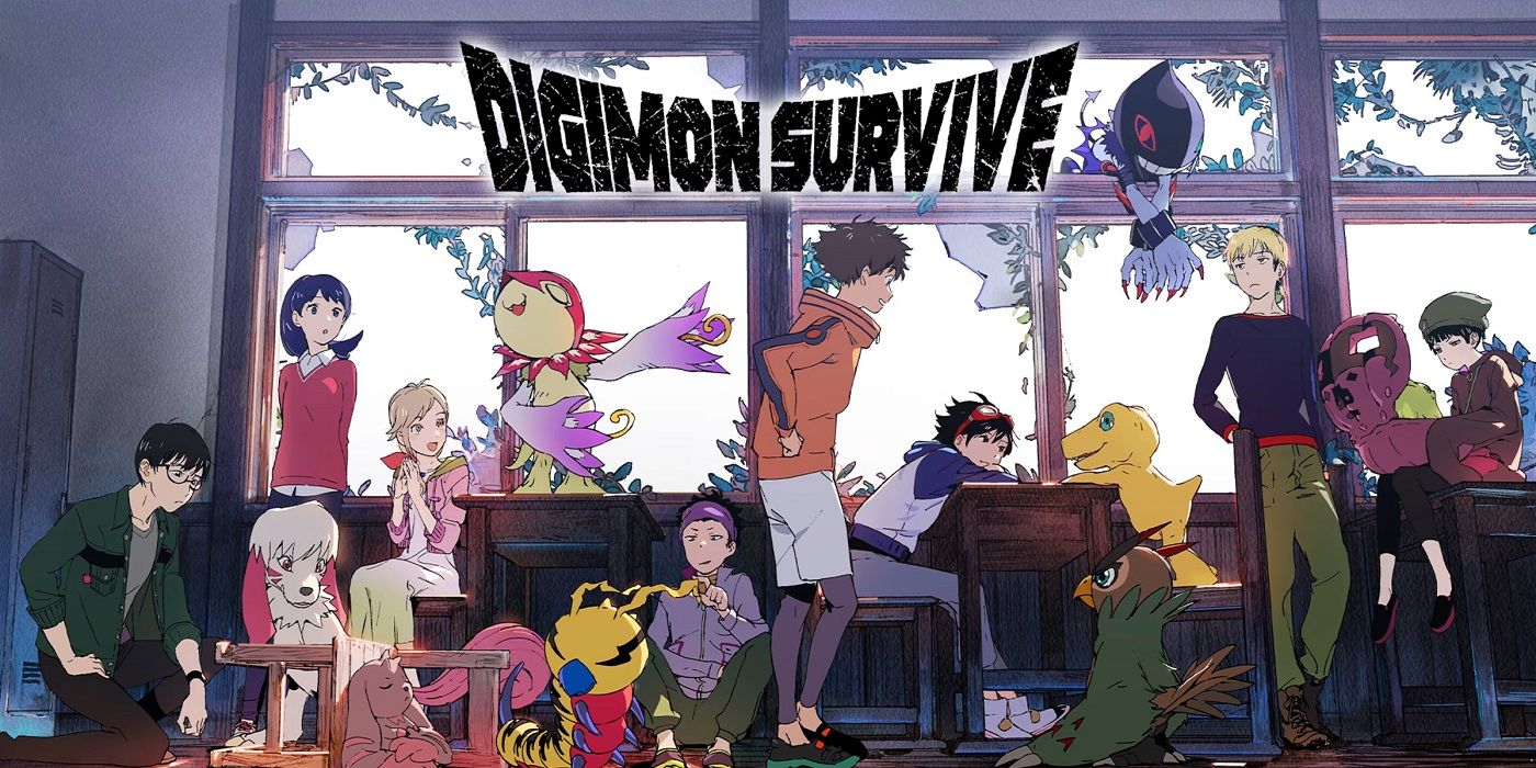 Character art for Digimon Survive featuring characters and Digimon such as Takuma Momozuka, Minoru Hinata, and Agumon