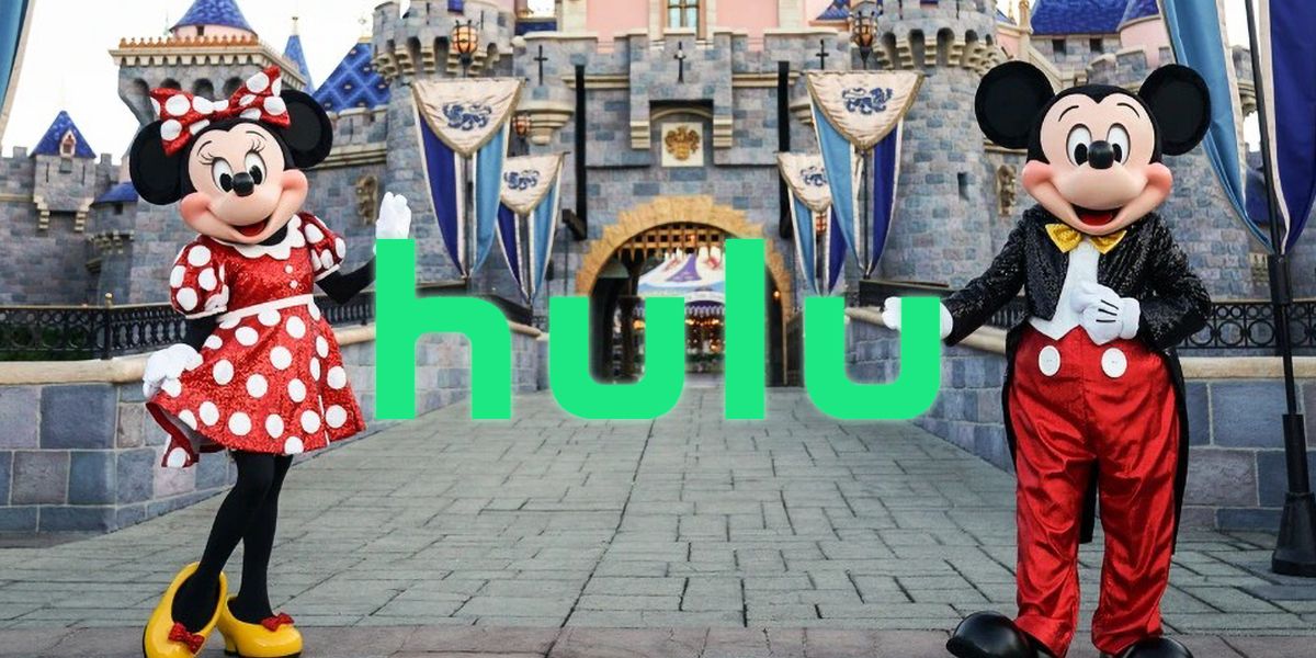 Mickey and Minnie Mouse mascots flanking Disney castle with Hulu logo between them