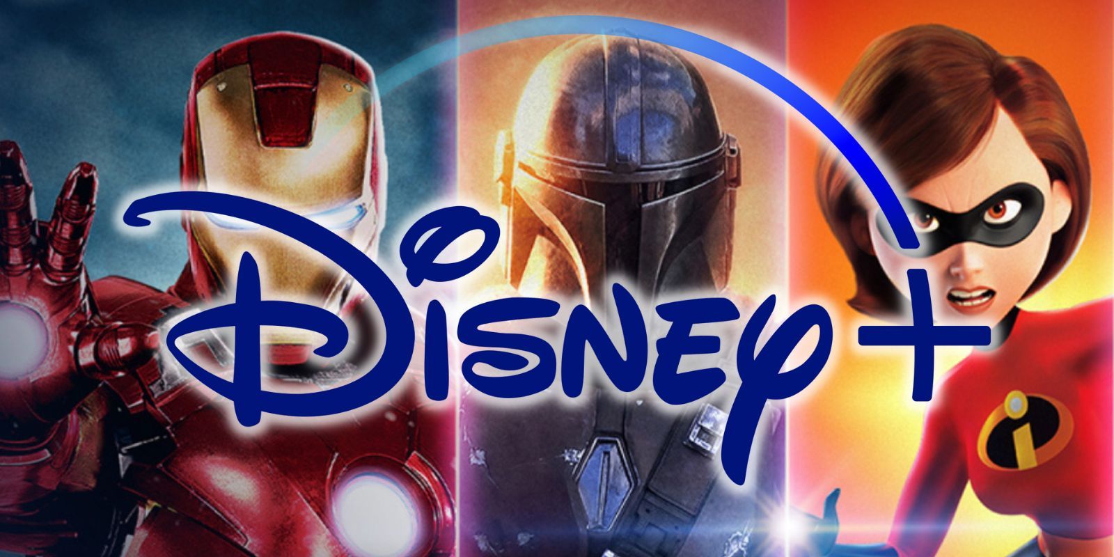 Iron Man, The Mandalorian and Elasti-Girl underneath the Disney+ logo