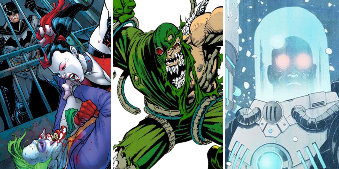 split image of Harley Quinn, Doomsday, and Mr. Freeze in DC Comics