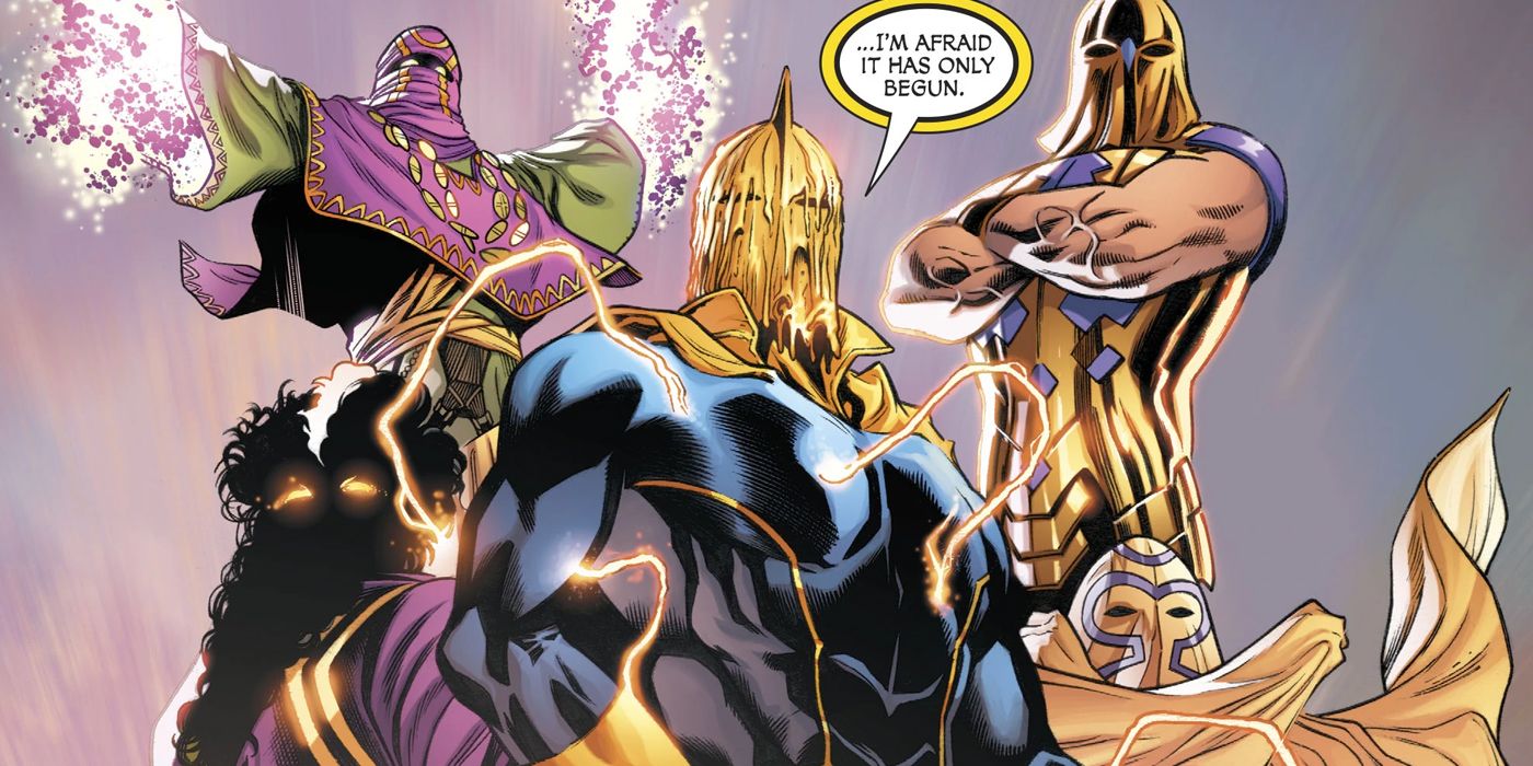 Doctor Fate and the Lords of Chaos stand together in DC Comics.