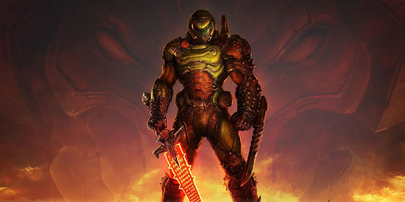 O Doom Slayer empunhando uma espada na capa de Doom Eternal