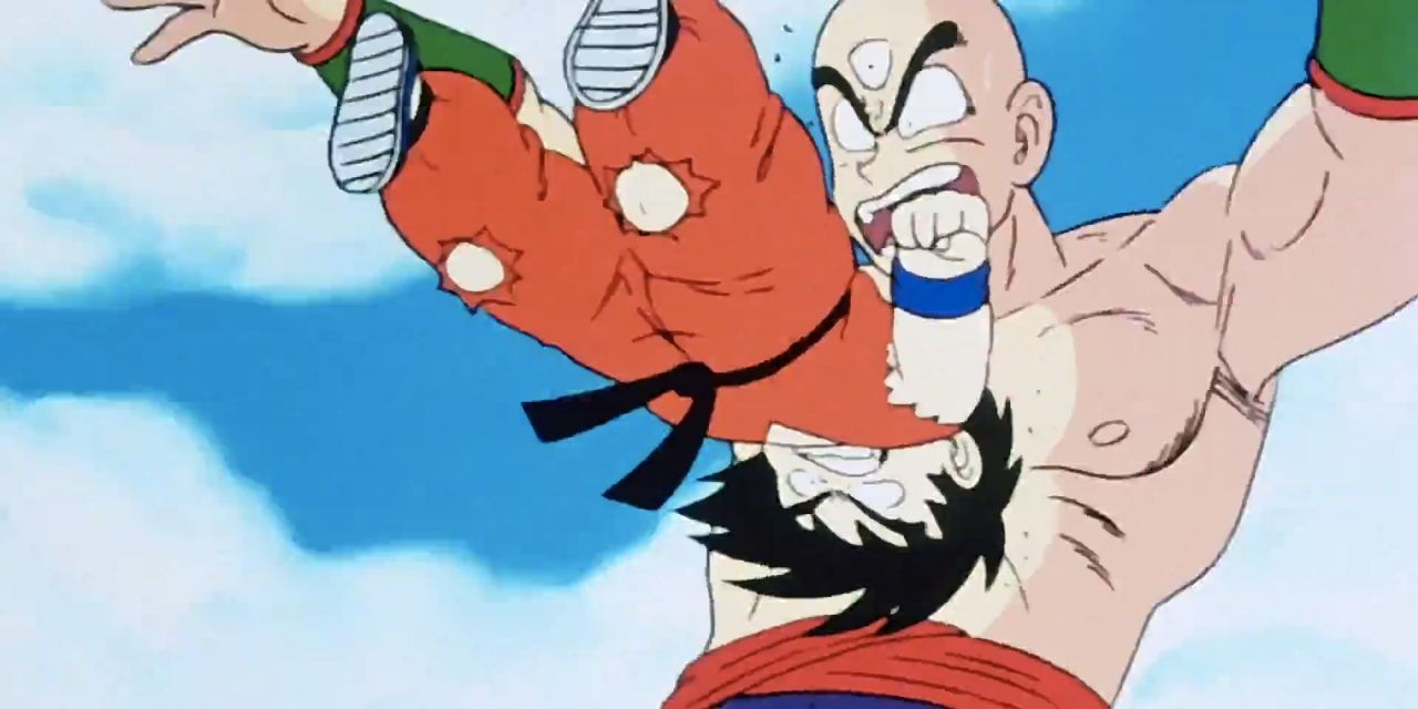 Goku headbutts Tien in the finals of the 22nd World Martial Arts Tournament in Dragon Ball