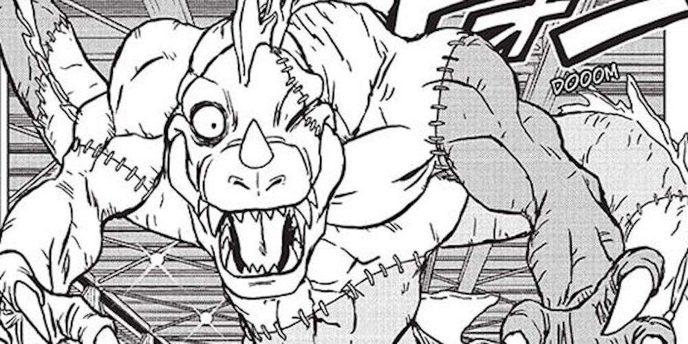 Dr. Hedo's Dino-Droid No. 1 attacks in the Dragon Ball Super manga