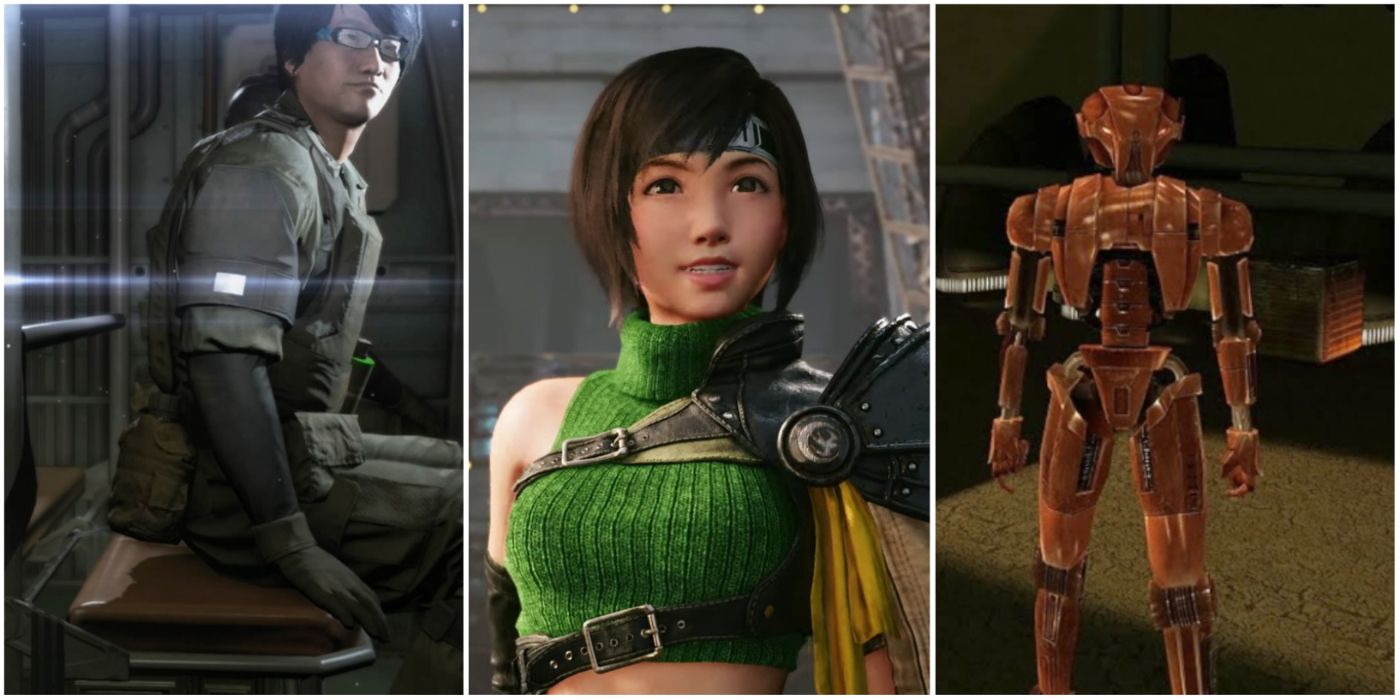 A split image showing Hideo Kojima in Metal Gear Solid V, Yuffie in Final Fantasy VII, and HK-47 in Star Wars: Knights of the Old Republic