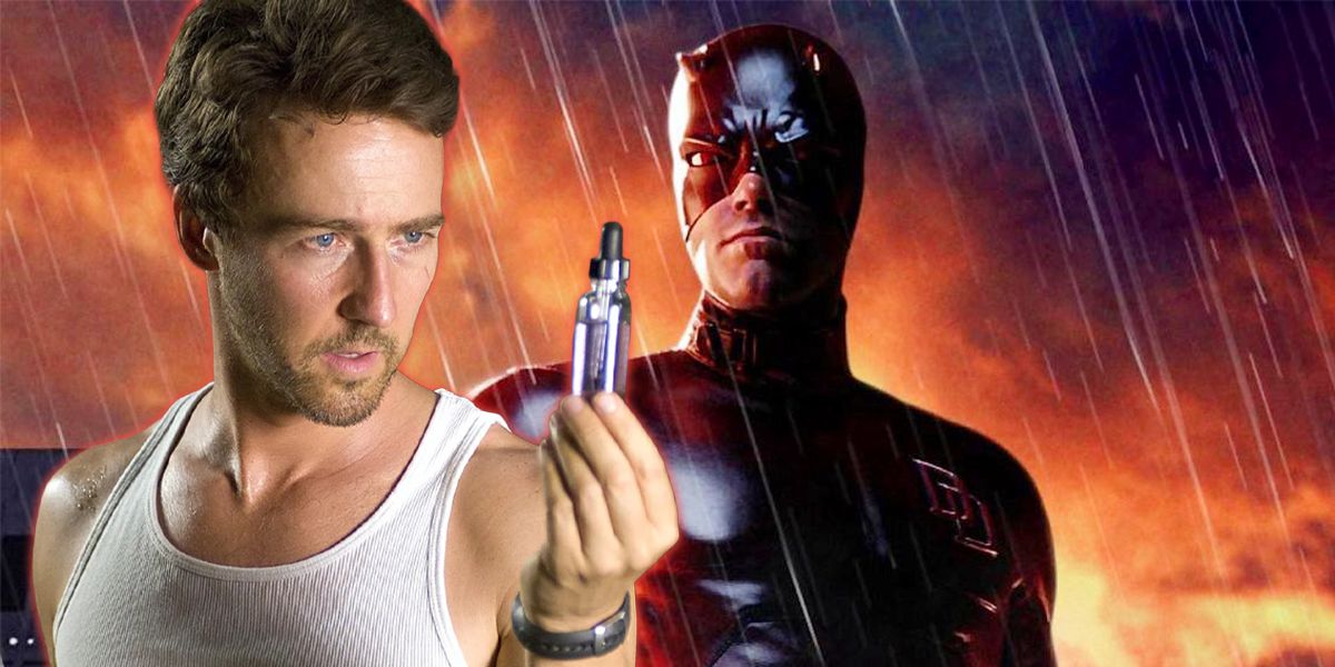 Edward Norton as Bruce Banner looking at a vial of purple liquid and Ben Affleck as Daredevil in front of red sky.
