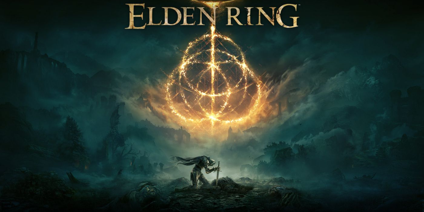 Arte principal do Elden Ring com um Tarnished ajoelhado diante do anel titular.