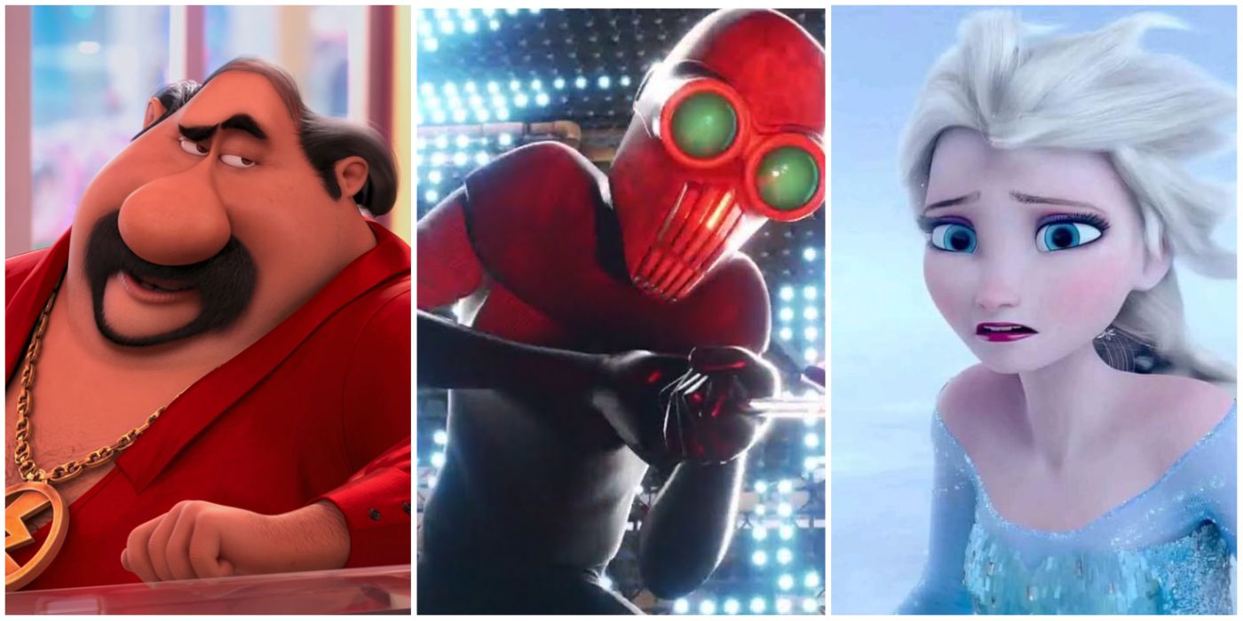 Elsa from Frozen, Screenslaver from the Incredibles, and El Macho split image